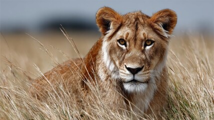 In a serene landscape, a lioness relaxes amid golden grasses, her keen eyes scanning the surroundings. The warm sun highlights her strong features and soft fur, creating a peaceful scene