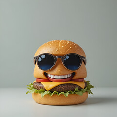 Cute Cheeseburger Wearing Black Sunglasses on Clean Minimal Background &ndash; Fun Character Food Concept