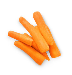 An overhead view of a group of six whole, peeled, bright orange carrots stacked and scattered on a isolated transparent background.