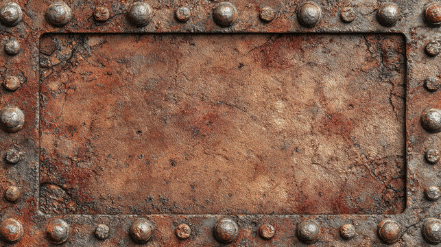 A frame with rivets on a rusty, textured surface