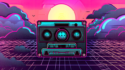 Synthwave cassette dreams floating on retro grid under setting sun of neon vaporwave skies, a perfect mockup