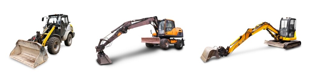 Set of three isolated heavy construction machines (excavators and loader) on a transparent background. Industrial equipment concept. © Kyrylo