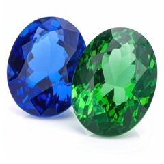 Two faceted gemstones, one blue, one green, on a white background.  Close-up, high-quality image highlighting the brilliance and facets of each stone