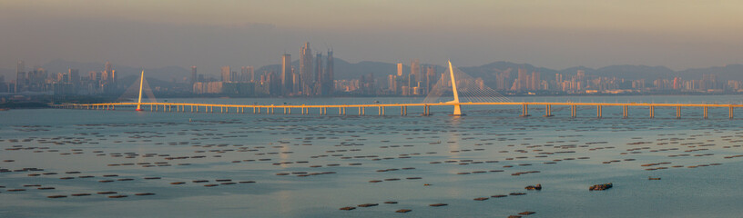 Shenzhen Bay Bridge and Lau Fau Shan Oyster Farm