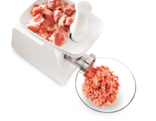 Electric meat grinder processing raw meat into ground mince on a transparent background