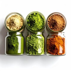 Four glass jars of various powdered spices