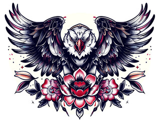 Eagle soars above the flowers a vintage Tattoo flash sheet, with dark wings spread wide and powerful gaze