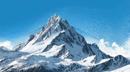Majestic mountain snowy peak polygon wave halftone gradient blue sky alpine range winter landscape rugged ridge crisp air serene scene Awe rises over majestic mountain with snowy peak