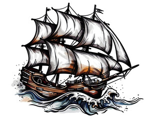 Across the white water a galleon sails onward, its sails full and catching the wind on the endless ocean