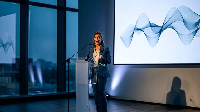 Dynamic business presentation with confident speaker captivating audience in modern conference room for corporate event or leadership summit, offering insights and innovation - Powered by Adobe