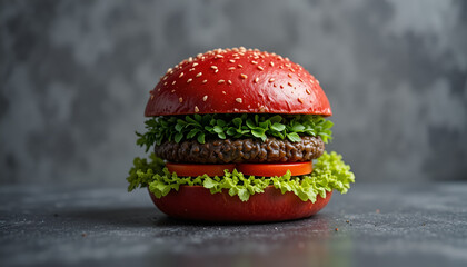Vibrant Red-Bun Burger with Fresh Lettuce on Smooth Gray Background &ndash; Creative Food Styling