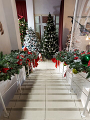Staircase, steps, Christmas design in a store, shopping mall, New Year's atmosphere