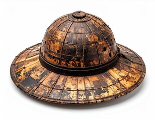 Antique, round, woven sun hat,  brown and gold