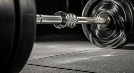 Dynamic weightlifting scene showcasing spinning barbell on gym floor for fitness motivation and strength training ads