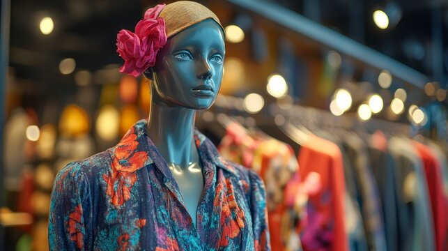 Midnight bloom mannequin showcasing floral shirt and headpiece in vintage store