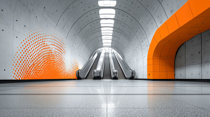 Futuristic metro station concrete tunnel orange accent graphic wave dotted texture empty platform escalator modern architecture clean lines minimal design exudes calm energy and movement