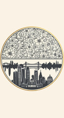 Cityscape and Floral Design in Circular Frame.