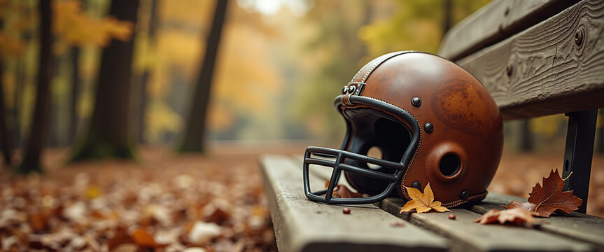 Vintage football helmet resting on wooden bench in autumn park - Powered by Adobe