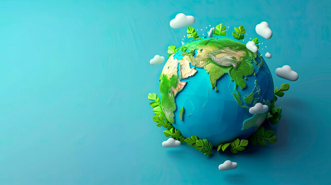Earth in harmony mockup surrounded by leaves and clouds symbolizing environmental awareness and conservation