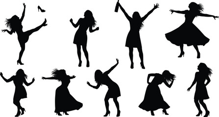 Celebration dance silhouette set, expressive women poses, black on white, high heels, flying shoe, bottle gesture, joyful movement, party icon