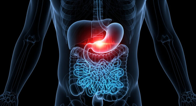 Anatomical illustration showing the human digestive system with stomach highlighted in red color