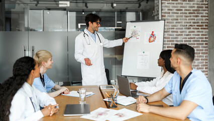 Handsome young man chief physician making presentation in front of his male and female international colleagues while team-building, pointing at presentation board, panorama with copy space