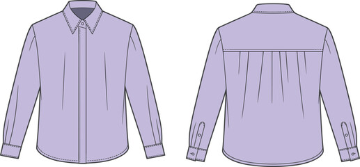 Long sleeve shirt technical sketch, front and back view, fashion flat drawing, apparel design template, garment construction, vector illustration