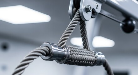Close-up of gym cable pulley system for strength training fitness routine in clean, modern workout space