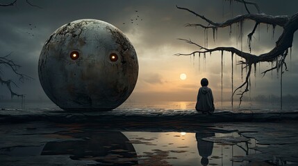 Contemplative moment at sunset as boy faces an ominous sphere on desolate landscape, a quiet scene filled with mystery
