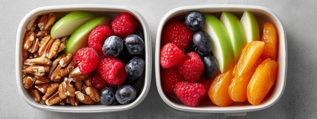 Colorful snack boxes showcase a mix of juicy fruits and crunchy nuts, ideal for a nutritious break during a busy day. Perfect for schools or offices