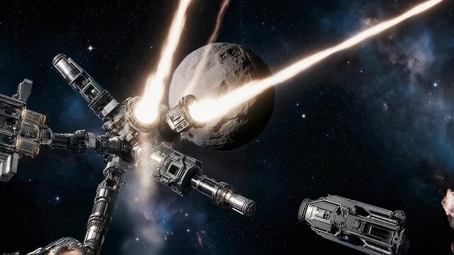 Futuristic Space Mining Operation - Asteroid Being Drilled by Advanced Spacecraft in Deep Space.