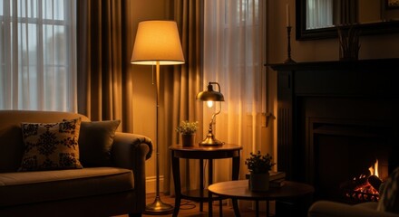 Cozy Living Room with Warm Lighting and Fireplace in Elegant Home Interior