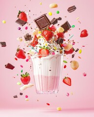 Pink perfection milkshake explosion with floating strawberries, chocolate, and candy delights for a sweet treat