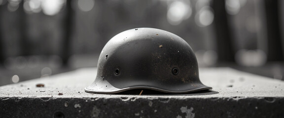 Vintage helmet resting on a concrete bench in a serene forest  