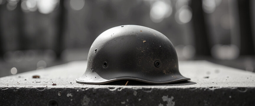 Vintage helmet resting on a concrete bench in a serene forest  