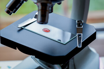 close up macro microscope with blood sample in the laboratory