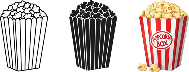 Popcorn box vector illustration set of three styles perfect for movie night graphics and snack-themed designs