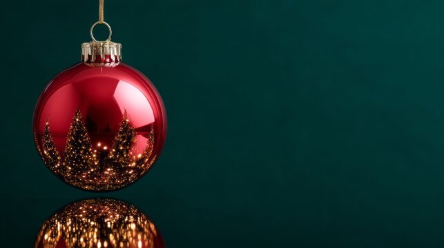 A red Christmas ornament hanging from a green background. The ornament is a reflection of itself in the green background