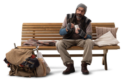 Homeless Man Eating from Tin Can on Wooden Bench on White Background