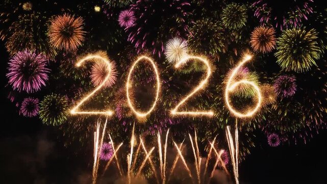 escena de celebraci&oacute;n de A&ntilde;o Nuevo donde fuegos artificiales brillantes en el cielo nocturno forman el n&uacute;mero gigante "2026".