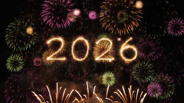 escena de celebraci&oacute;n de A&ntilde;o Nuevo donde fuegos artificiales brillantes en el cielo nocturno forman el n&uacute;mero gigante "2026".