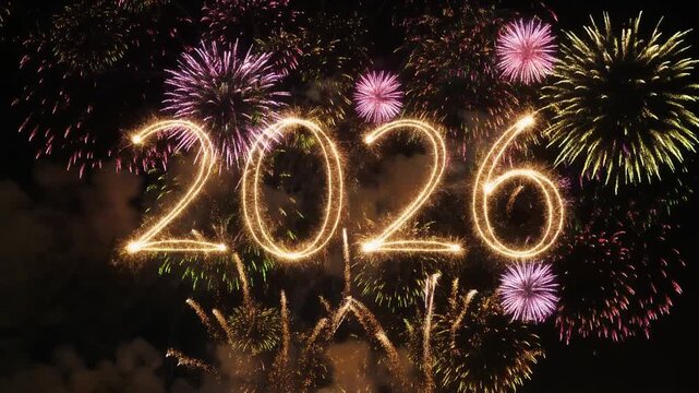 escena de celebraci&oacute;n de A&ntilde;o Nuevo donde fuegos artificiales brillantes en el cielo nocturno forman el n&uacute;mero gigante "2026".