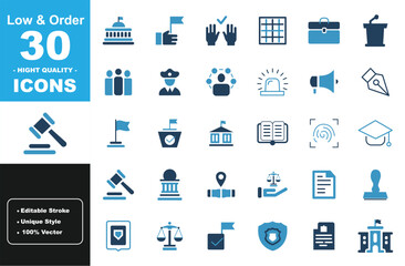 Law and Order Icons Set – Justice, Court, Legal System, Police, Government, Lawyer, Gavel, Security Vector Collection