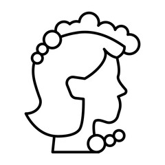 Woman head hair with foam thin line icon, body hygiene concept. Vector graphics. Girl with soapy shampoo foam, head washing sign on white background, style icon mobile or web design.
