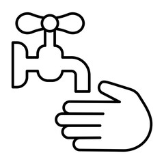 Faucet and hand thin line icon, body hygiene concept. Vector graphics. Hand with faucet tap, washing hands sign on white background, style icon mobile or web design.