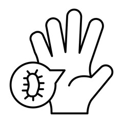 Obraz premium Hand and dialog bubble with bacteria thin line icon, body hygiene concept. Vector graphics. Bug popup and hand, washing hands sign on white background, style icon mobile or web design.