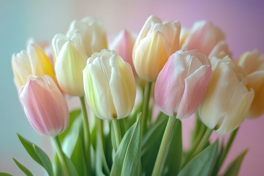 A vibrant bouquet of tulips in a clear glass vase, set against a soft pink background.