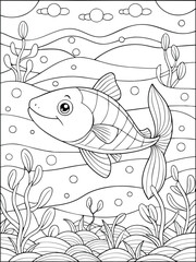 Fototapeta premium Happy cartoon fish swimming among seaweed and bubbles in an ocean scene, kids coloring book page outline