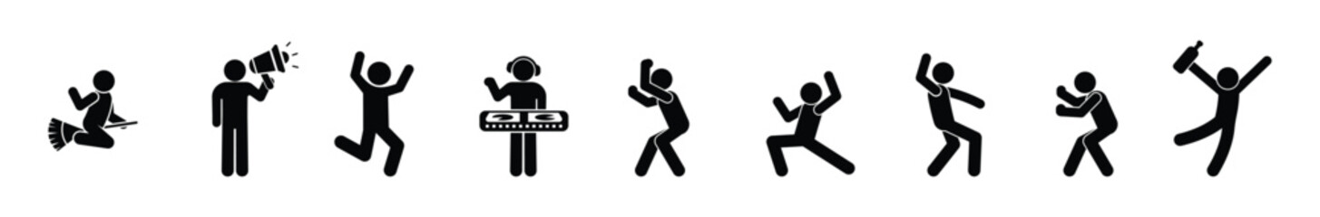 Funny people silhouette set, stick figure, stickman icon