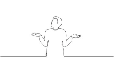 Continuous one line drawing of Person shrugging with open hands expressing confusion or uncertainty isolated on transparent background.
